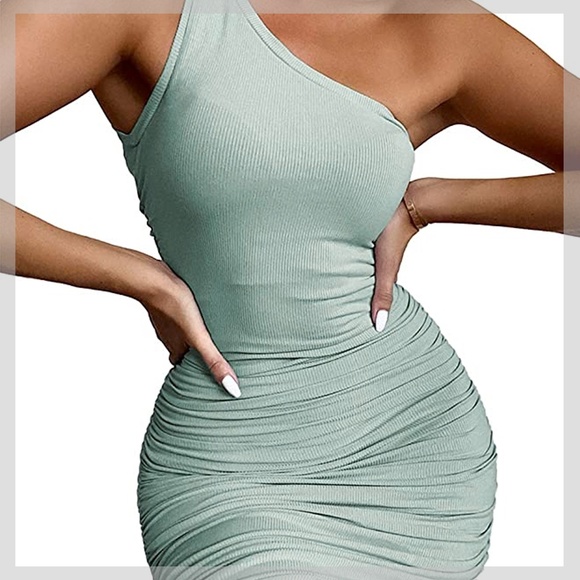 NWOT--ONE SHOULDER RUCHED MINI DRESS - Picture 6 of 6